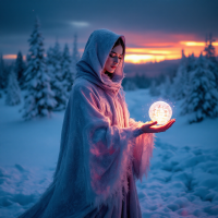 A cloaked figure stands in a snow-covered landscape, holding a glowing orb, with a vibrant sunset illuminating the scene, embodying the quote's theme of inner warmth amidst winter.