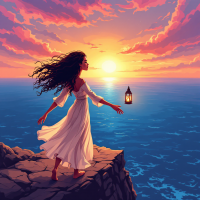 A woman in a flowing white dress stands on a rocky cliff at sunset, holding a lantern and gazing out over the ocean, embodying the duality of hope as both a risk and a powerful motivator.