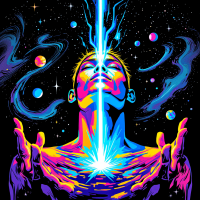 A vibrant cosmic scene features a figure with arms outstretched, illuminated by a radiant beam of light emerging from their heart, surrounded by colorful planets and swirling galaxies.