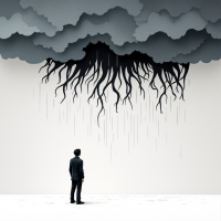 A figure stands in a suit, gazing up at dark, stormy clouds with roots spilling rain downward, symbolizing the fear of inaction reflected in the quote, The worst thing that can happen is that you don’t try at all.