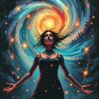 A woman stands with arms outstretched in a cosmic swirl of colors, symbolizing the tension of choices and the myriad outcomes of every decision. Bright stars and a glowing center enhance the mood.