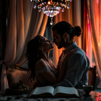 A couple in an intimate embrace under a sparkling chandelier, surrounded by warm light and soft curtains, evocatively captures the duality of love as both refuge and prison.