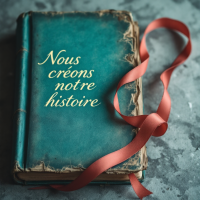 A worn, turquoise book with the title Nous créons notre histoire embossed in gold, accompanied by a soft red ribbon, symbolizes the idea of shaping our own history.