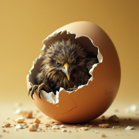 A young bird with fierce determination peeks out from a broken eggshell, symbolizing the struggle to break free from the confines of the world it was born into.