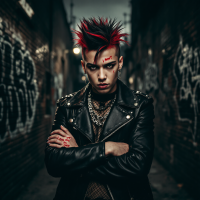 A figure with bright red spiked hair and a leather jacket stands confidently in a dimly lit alley adorned with graffiti, embodying individuality and connection to something greater.