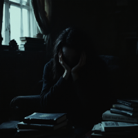 A figure sits in shadow, head in hands, surrounded by stacks of books. Light filters through a window, contrasting with the surrounding darkness, evoking a sense of inner turmoil.