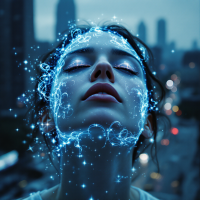 A contemplative figure, eyes closed, adorned with shimmering blue light swirls, symbolizes the fragile nature of freedom amidst an urban backdrop.