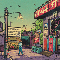 A vibrant street scene features a person walking past colorful storefronts. A sign reflects on the theme of disconnection, illustrating a community that feels distant from one another.