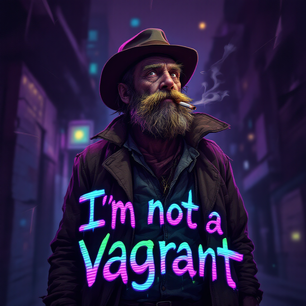 A rugged bearded man in vintage clothing with a cigarette stands in a dimly lit alley, emphasizing the quote, I'm not a vagrant, with vibrant, bold text.