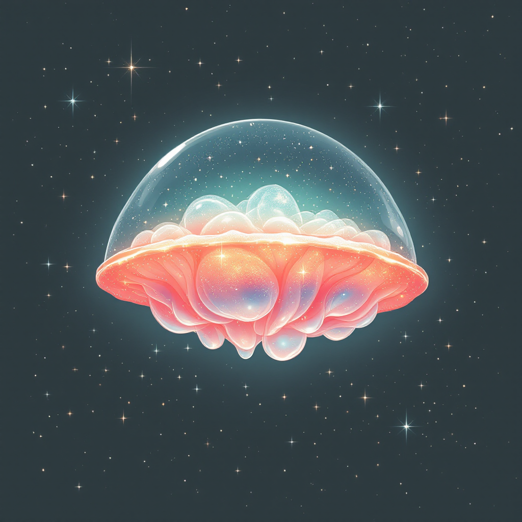 A luminous, translucent dome floats through a starry void, surrounded by a soft, colorful gel-like substance, evoking a sense of disembodied knowledge and cosmic exploration.