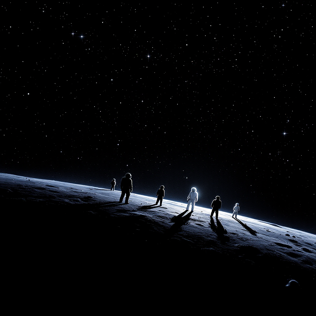 Silhouetted figures stand on a lunar surface, gazing up at a star-filled sky, embodying the quote about searching for starfarers, yet only seeing their ankles in the vastness.