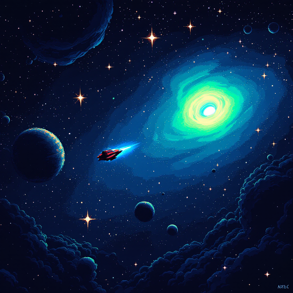 A vibrant cosmic scene depicts a lone spaceship navigating through swirling clouds and shining stars, reflecting on a universe filled with spontaneous events and no inherent purpose.