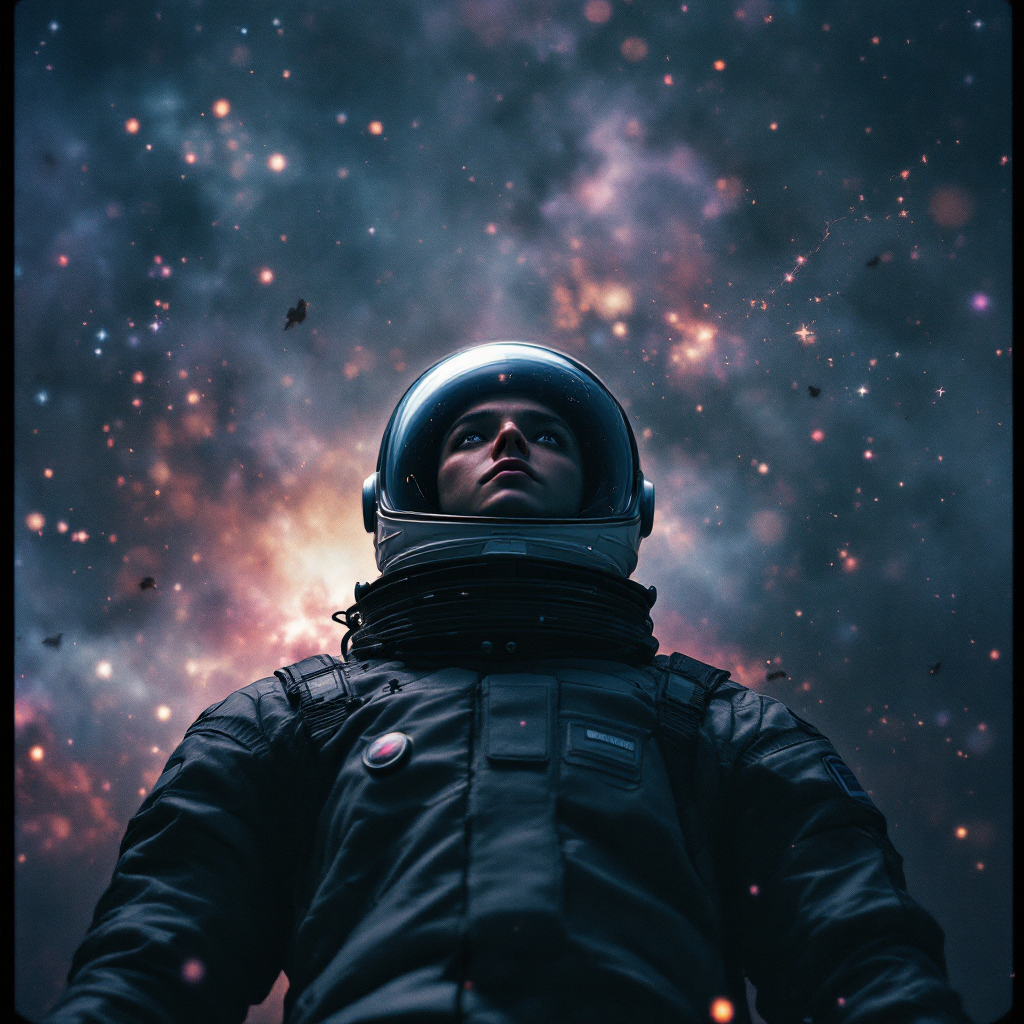 An astronaut gazes upwards in a vibrant cosmos filled with stars and nebulae, embodying the idea that even tiny dreams can illuminate the vast universe.