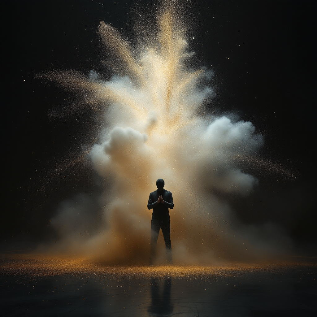 A silhouetted figure stands in prayer amid a dramatic explosion of golden dust and smoke, symbolizing inner discovery and the connection to the universe's secrets.