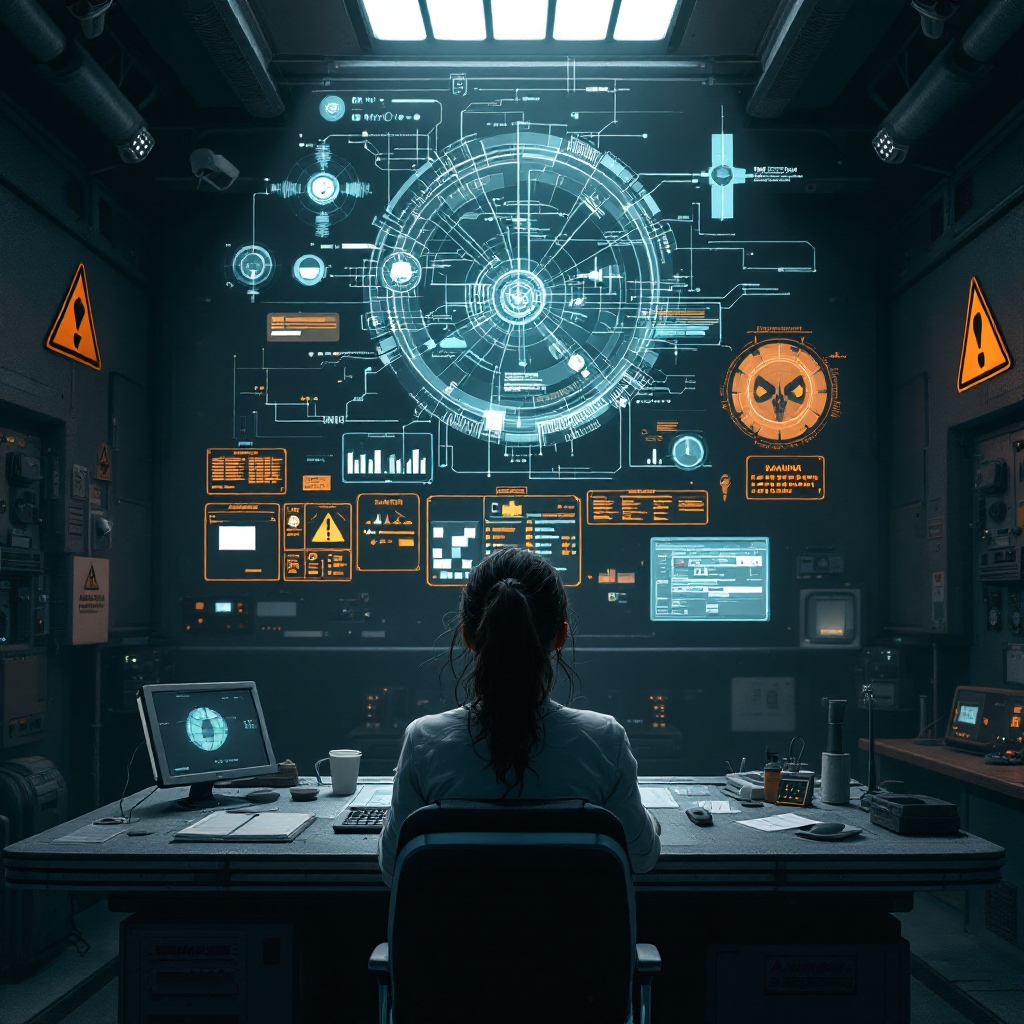 A person sits at a high-tech control desk surrounded by glowing screens and holograms, embodying the tension of trust in a challenging profession.