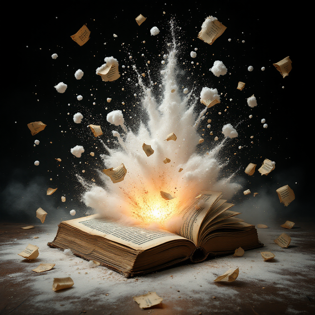 An open book bursts into clouds of dust and flying pages, illustrating the quote, There are worse fates than death, even for a book, in a dramatic and explosive scene.