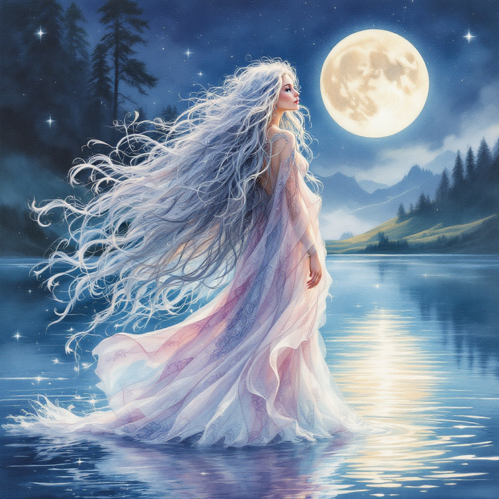 A ethereal figure with flowing hair stands by a serene lake under a full moon, embodying a sense of timeless creation and beauty, inspired by the quote about lasting art.