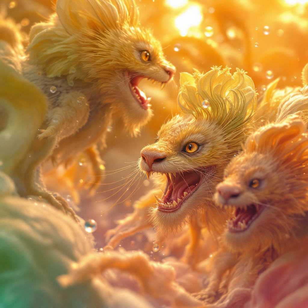 A dramatic scene of three majestic, lion-like creatures with flowing manes, set against a vibrant, glowing background, evoking a sense of power and mystique.