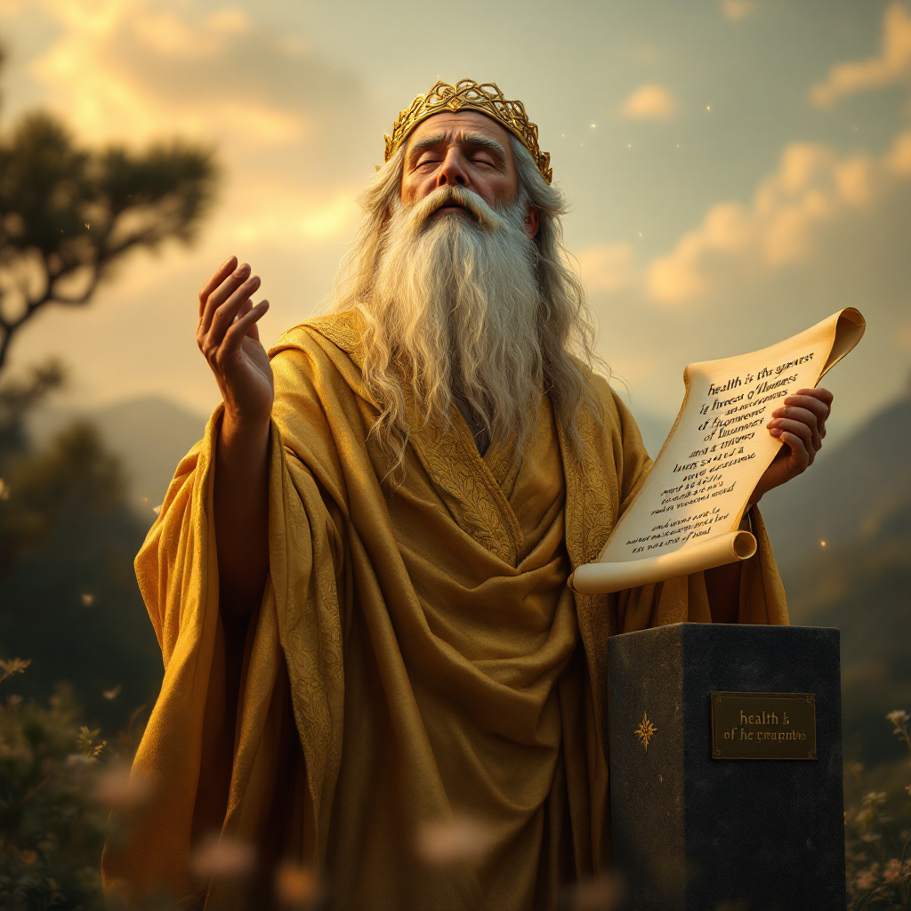 An elderly sage with a flowing beard, adorned in a golden robe, holds a scroll while gesturing passionately, embodying wisdom on health and peace of mind amidst a serene landscape.