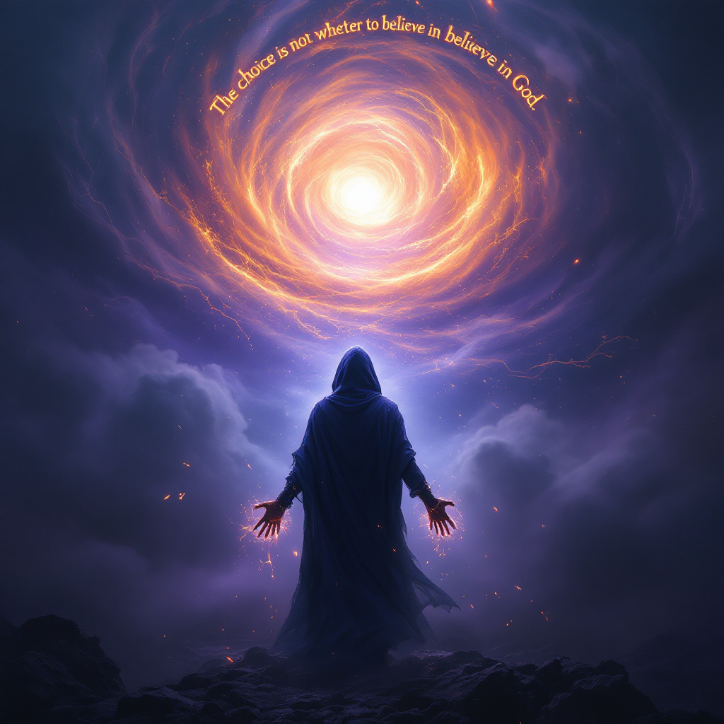 A cloaked figure stands with arms outstretched before a swirling, luminous vortex in the sky, embodying the quote, The choice is not whether to believe in God.