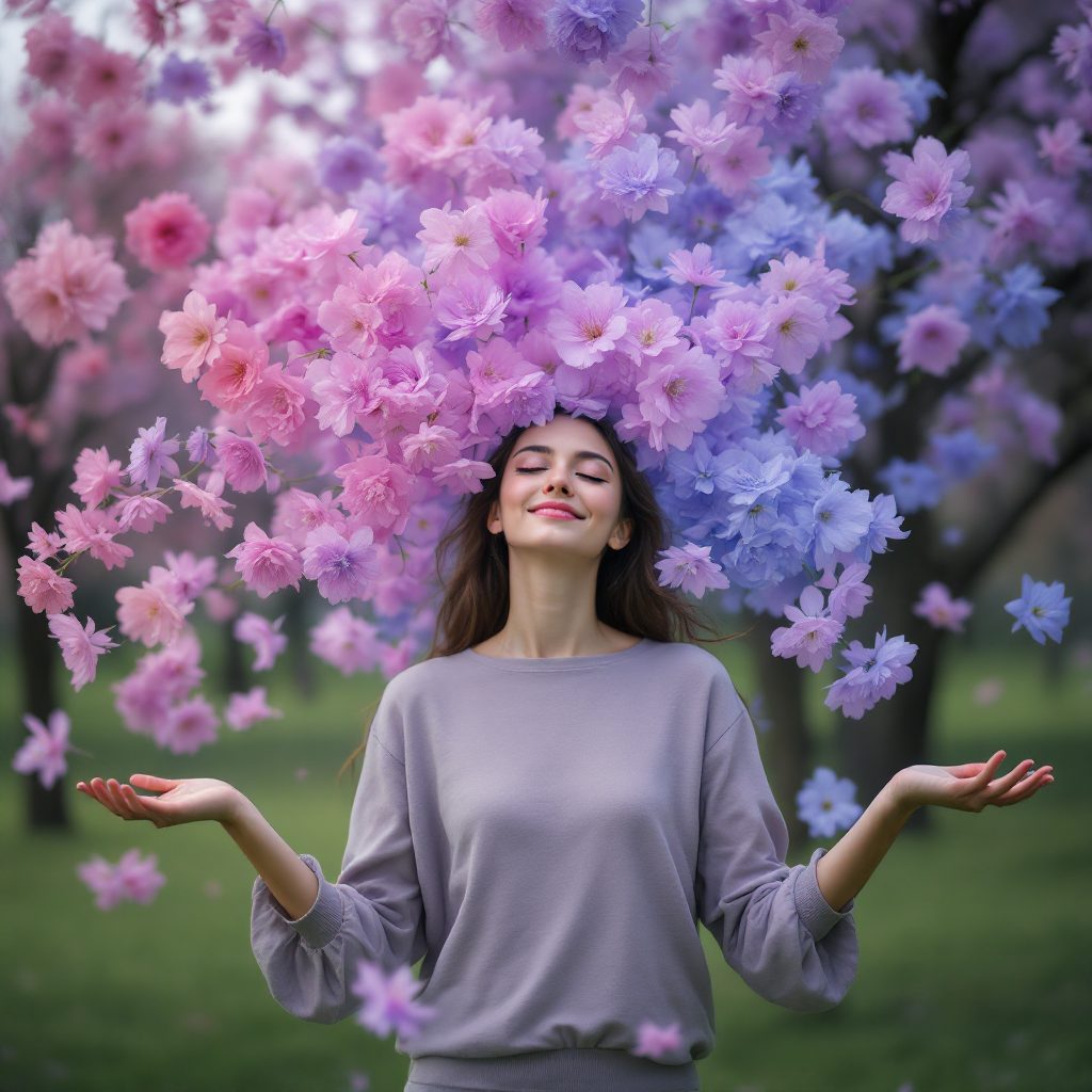 A woman stands with her arms outstretched, a vibrant floral headdress of pink and purple blossoms, embodying the quote about finding undiscovered friends in strangers.