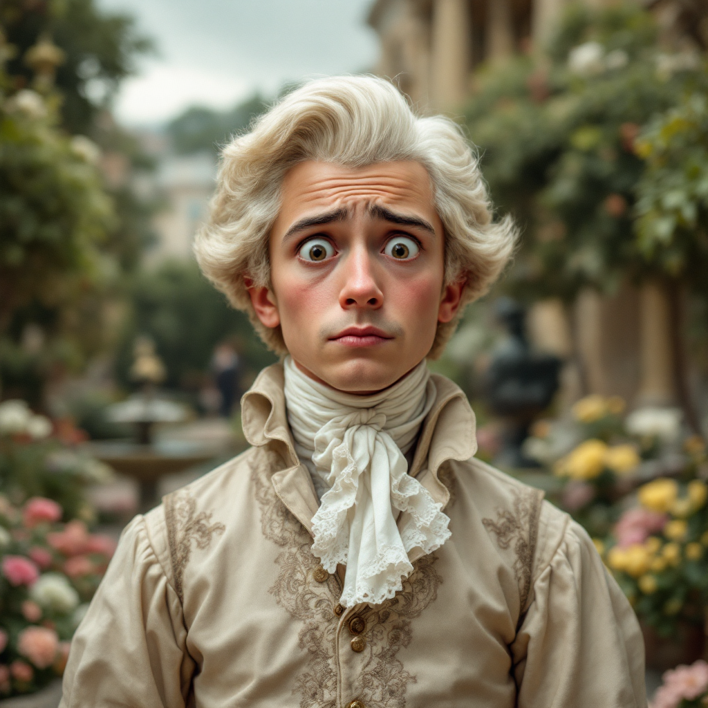 A young man with a surprised expression stands in a garden, dressed in vintage attire, reflecting innocence and unawareness as expressed in the quote about knowledge.