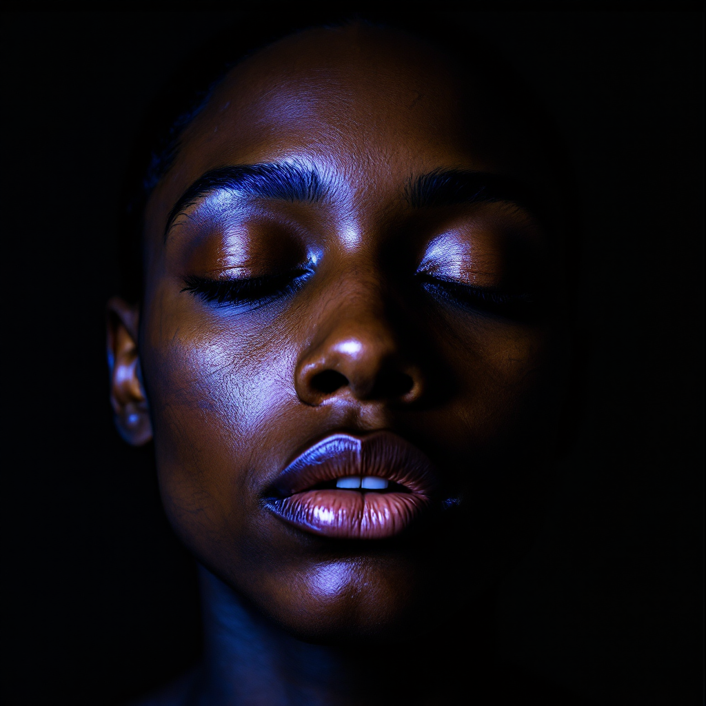 A close-up of a serene woman with closed eyes, her face illuminated softly against a dark background, embodying the essence of empathy and understanding highlighted in the quote.