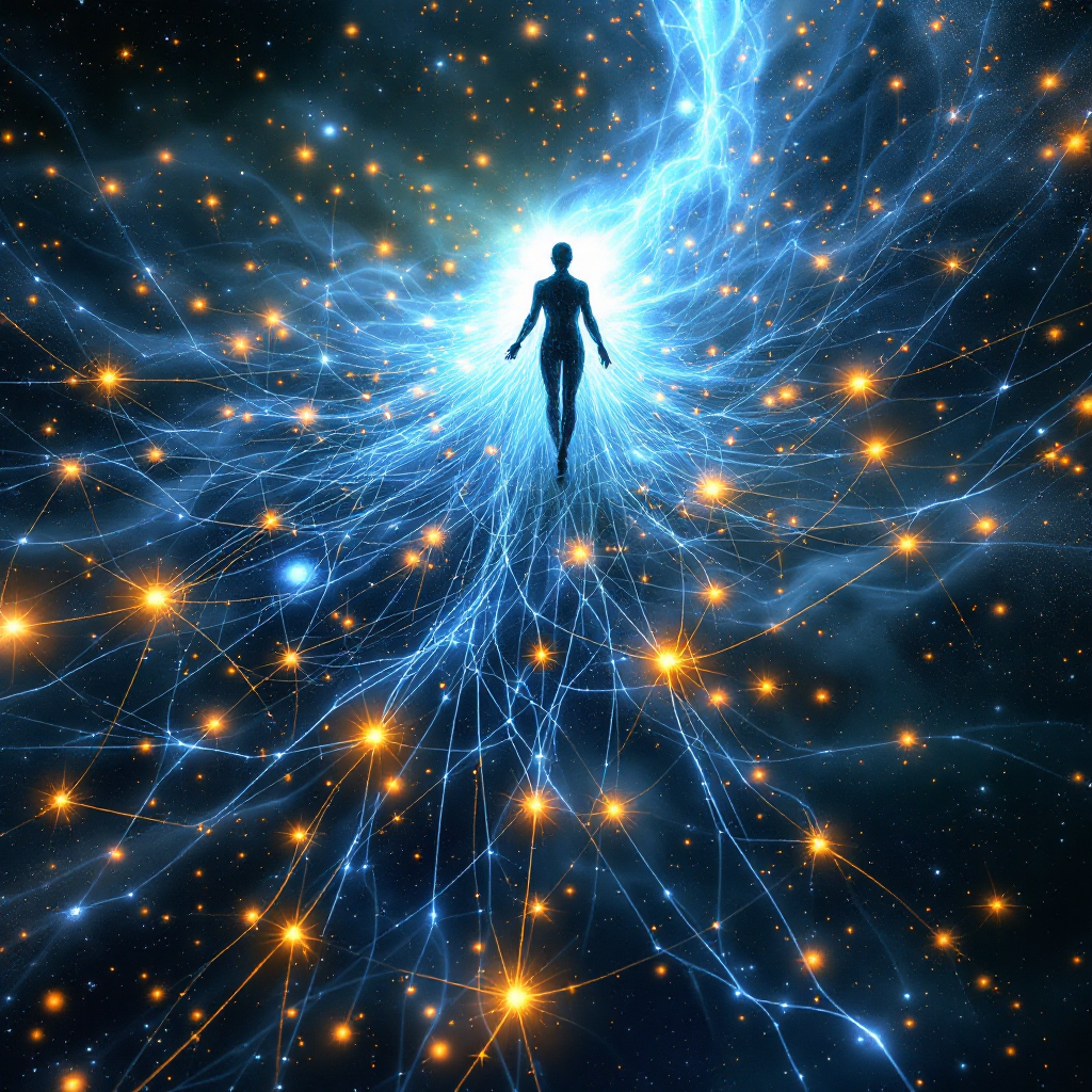 A silhouette of a person stands amidst a cosmic backdrop of glowing stars and interconnected light strands, symbolizing the profound connection to each other and the universe.