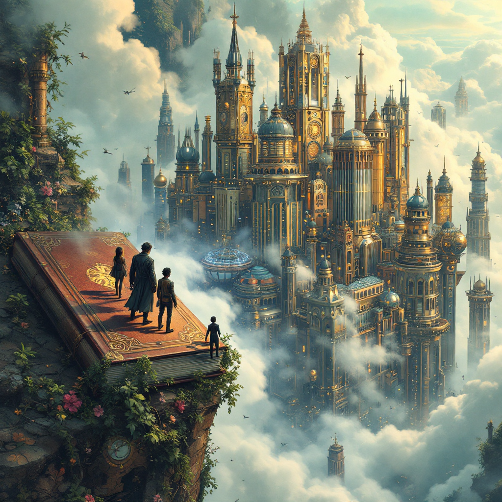 A whimsical landscape features a giant open book at the edge of a cliff, with children gazing at a magnificent castle floating in a cloud-filled sky, embodying the vastness of imagination.