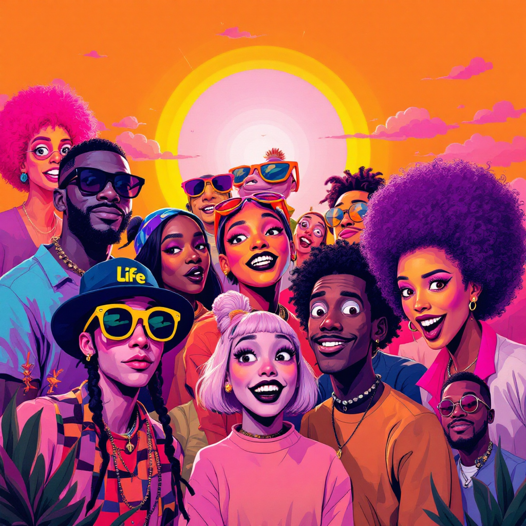 A vibrant group of diverse individuals with unique hairstyles and colorful outfits smiles confidently against a sunset backdrop, embodying the spirit of being wonderfully different.