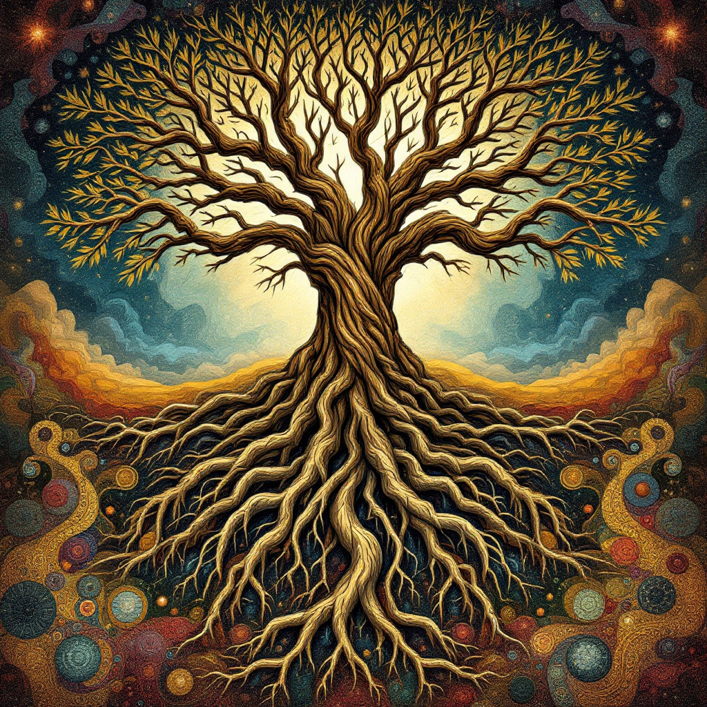 A majestic, intricately detailed tree with expansive branches and deep roots stands against a vibrant cosmic backdrop, embodying the essence of the quote, You can’t judge a book by its reader.