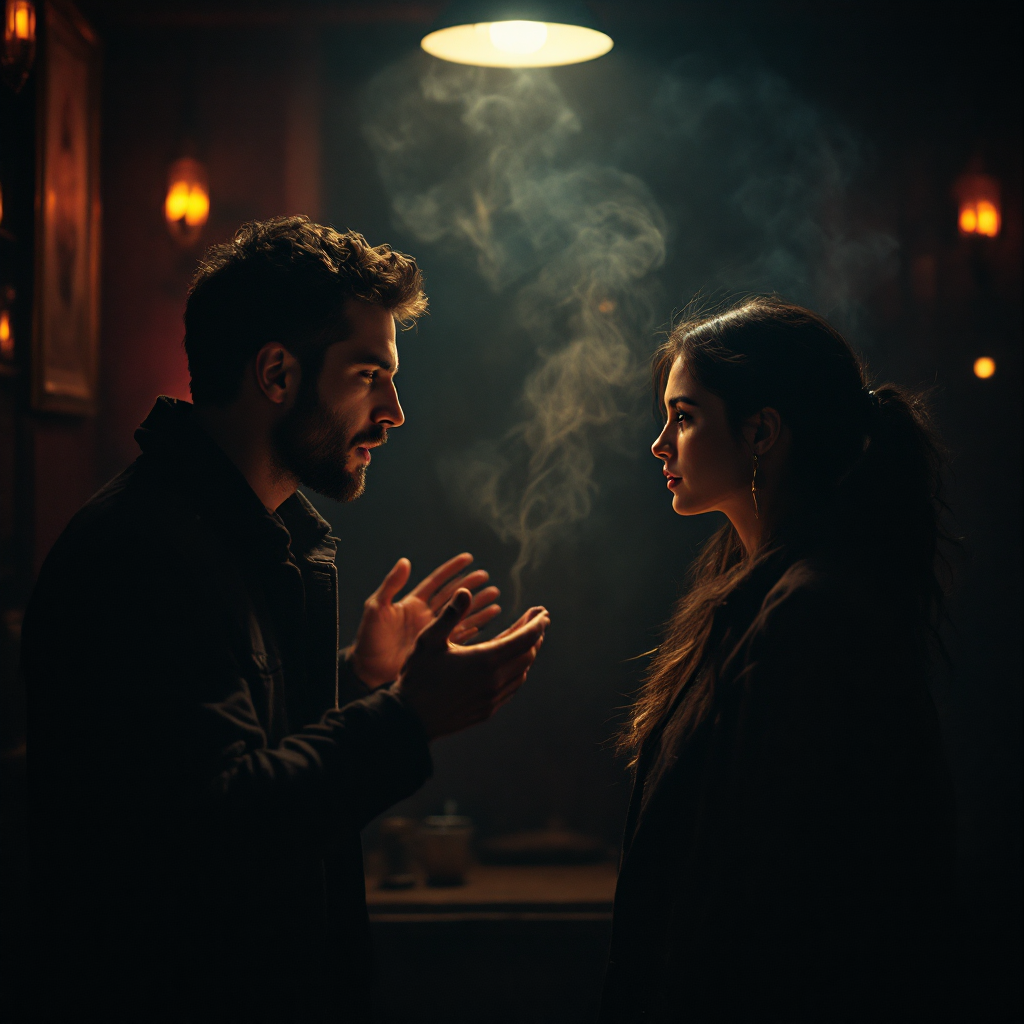 A man and woman engage in an intense conversation, surrounded by a dimly lit room filled with atmospheric smoke, embodying the emotional resonance of meaningful dialogue.