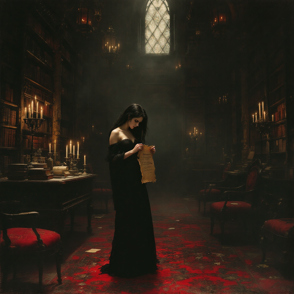 A woman in a long black dress stands in a dimly lit library, holding a scroll, surrounded by candlelight and scattered papers, embodying the conflict of unfulfilled resolutions.