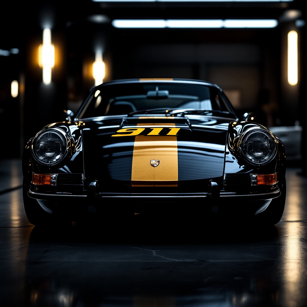 A sleek black sports car with a striking yellow stripe stands in a dimly lit garage, embodying a sense of confidence and precision, reflecting the quote's contemplative spirit.