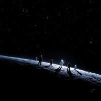 Silhouetted figures stand on a lunar surface, gazing up at a star-filled sky, embodying the quote about searching for starfarers, yet only seeing their ankles in the vastness.