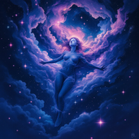 A serene figure floats in a vibrant cosmic landscape, surrounded by swirling clouds and stars, embodying the dream of our true potential among the vast universe.