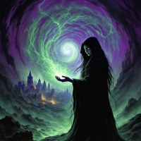 A cloaked figure with long black hair stands with outstretched hands, channeling swirling green energy against a backdrop of a shadowy city, embodying the idea that ignored blessings can turn into curses.