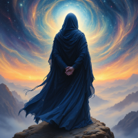 A cloaked figure stands on a rocky ledge, gazing into a swirling cosmic vortex above a landscape of mountains at sunset, embodying the wisdom of learning from the past.