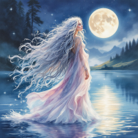 A ethereal figure with flowing hair stands by a serene lake under a full moon, embodying a sense of timeless creation and beauty, inspired by the quote about lasting art.