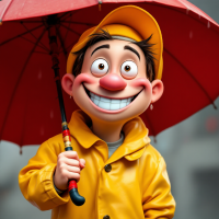 A cheerful cartoon character in a yellow raincoat holds a red umbrella, smiling brightly despite the gloomy weather, reflecting the quote about storms and entry.