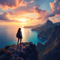 A silhouetted figure stands on a rocky cliff, gazing out at a breathtaking sunset over a tranquil ocean and distant mountains, embodying the quote about finding true belonging.