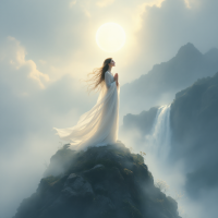 A serene figure in a flowing white gown stands atop a misty mountain, gazing upward at a glowing sun, embodying the challenges and beauty of the journey toward enlightenment.