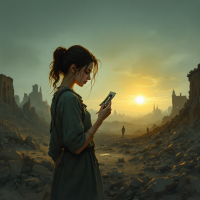 A woman stands amidst a desolate, war-torn landscape, holding a photograph as the sun sets, reflecting on identity shaped by love and conflict.