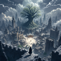 A towering tree looms over an ancient city, illuminated by a dramatic sky. Figures gather below, embodying the quote, “The past is never dead. It's not even past.”