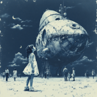 A young girl gazes in awe at a large, futuristic spaceship, surrounded by curious onlookers under a starry sky, embodying the wonder of space travel and childhood innocence.