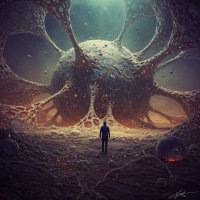 A lone figure stands before a colossal, intricate nanobot structure with branching, web-like extensions on a dark, alien landscape under a glowing sky.