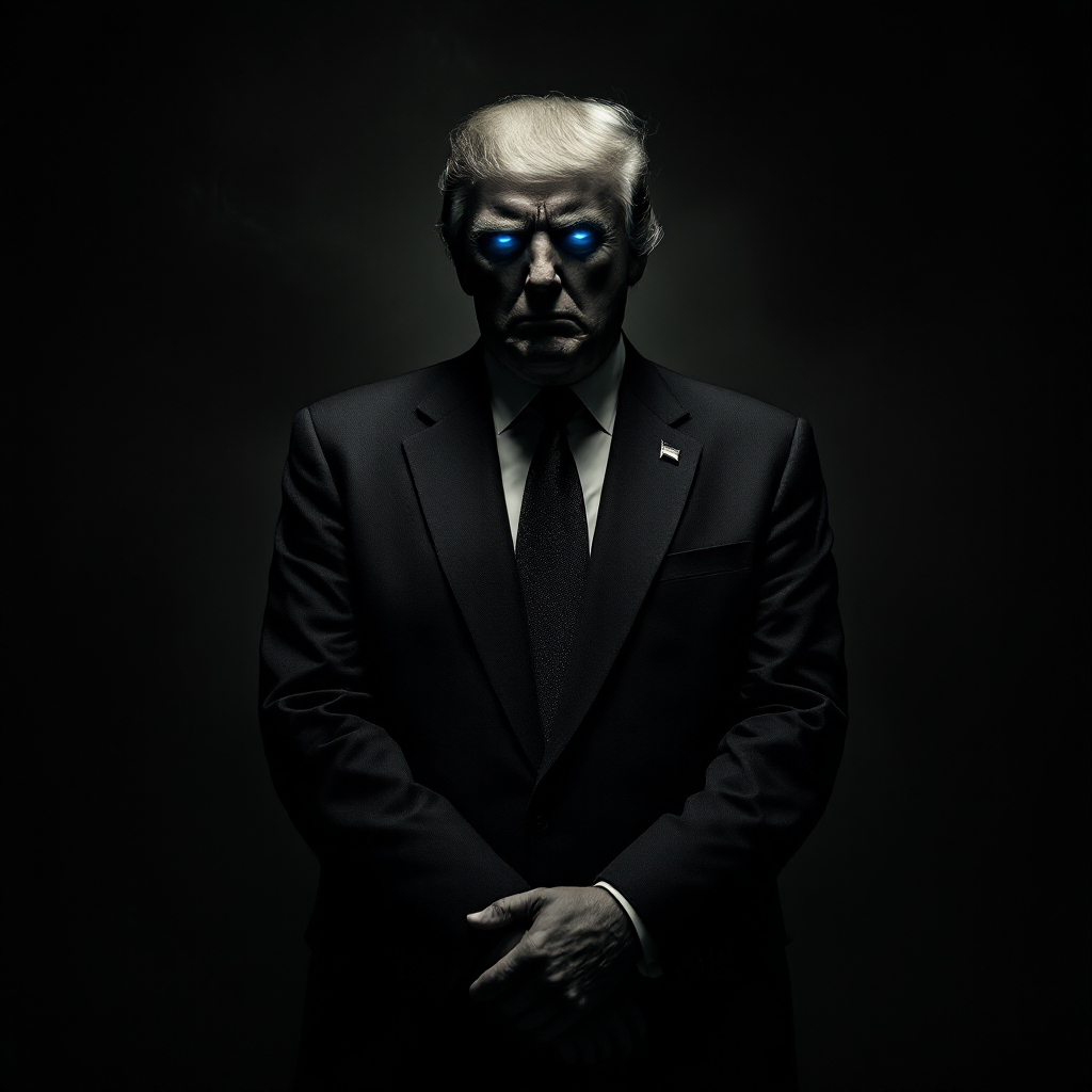 A dark, enigmatic figure in a suit stands confidently with clasped hands, featuring glowing blue eyes, embodying the complex role of a President as a figurehead and focal point for controversy.