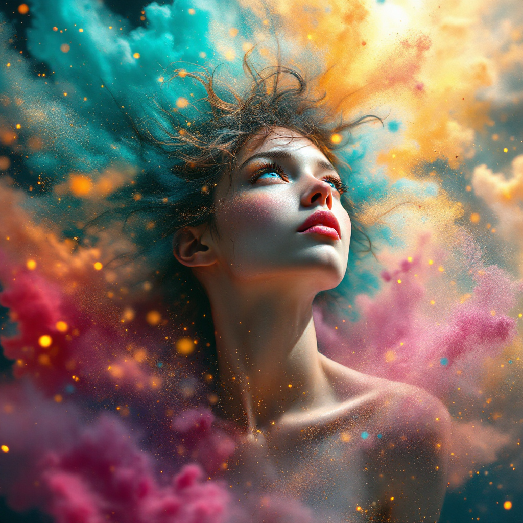 A dreamy portrait of a young woman surrounded by vibrant, swirling clouds of color and stardust, embodying the essence of the quote about choosing how to shine.