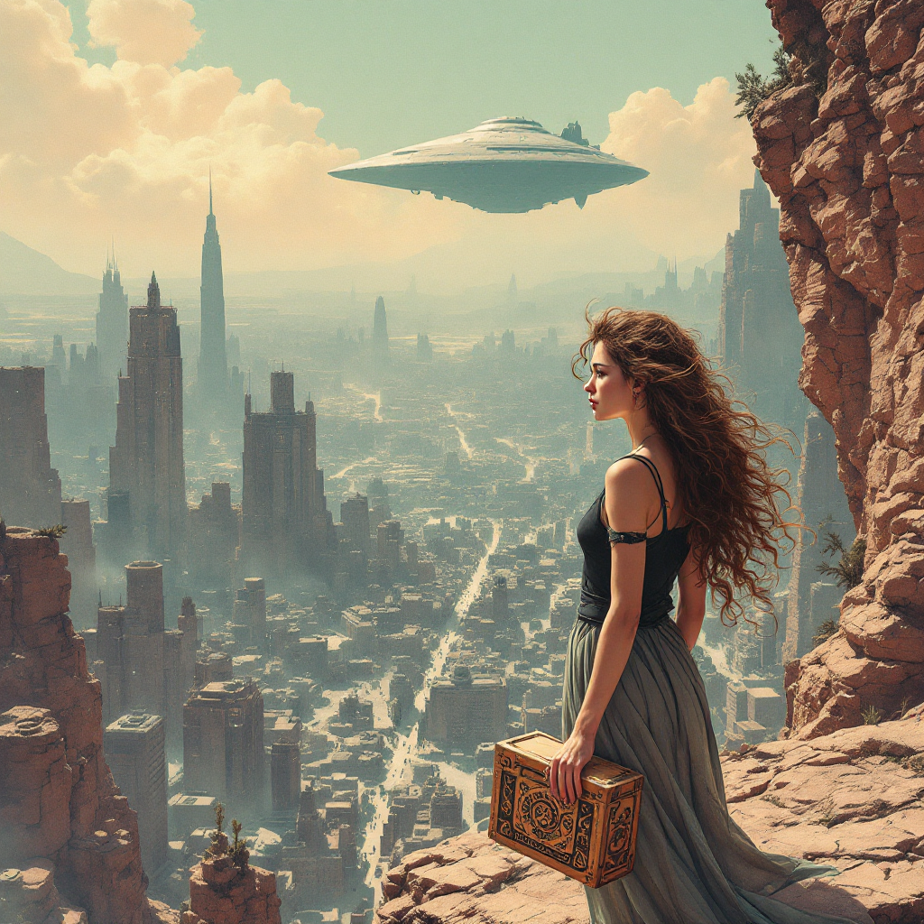 A contemplative woman stands on a cliff overlooking a futuristic city, holding a mysterious box, with a spaceship hovering in the sky, embodying choice and expectation in a vast landscape.