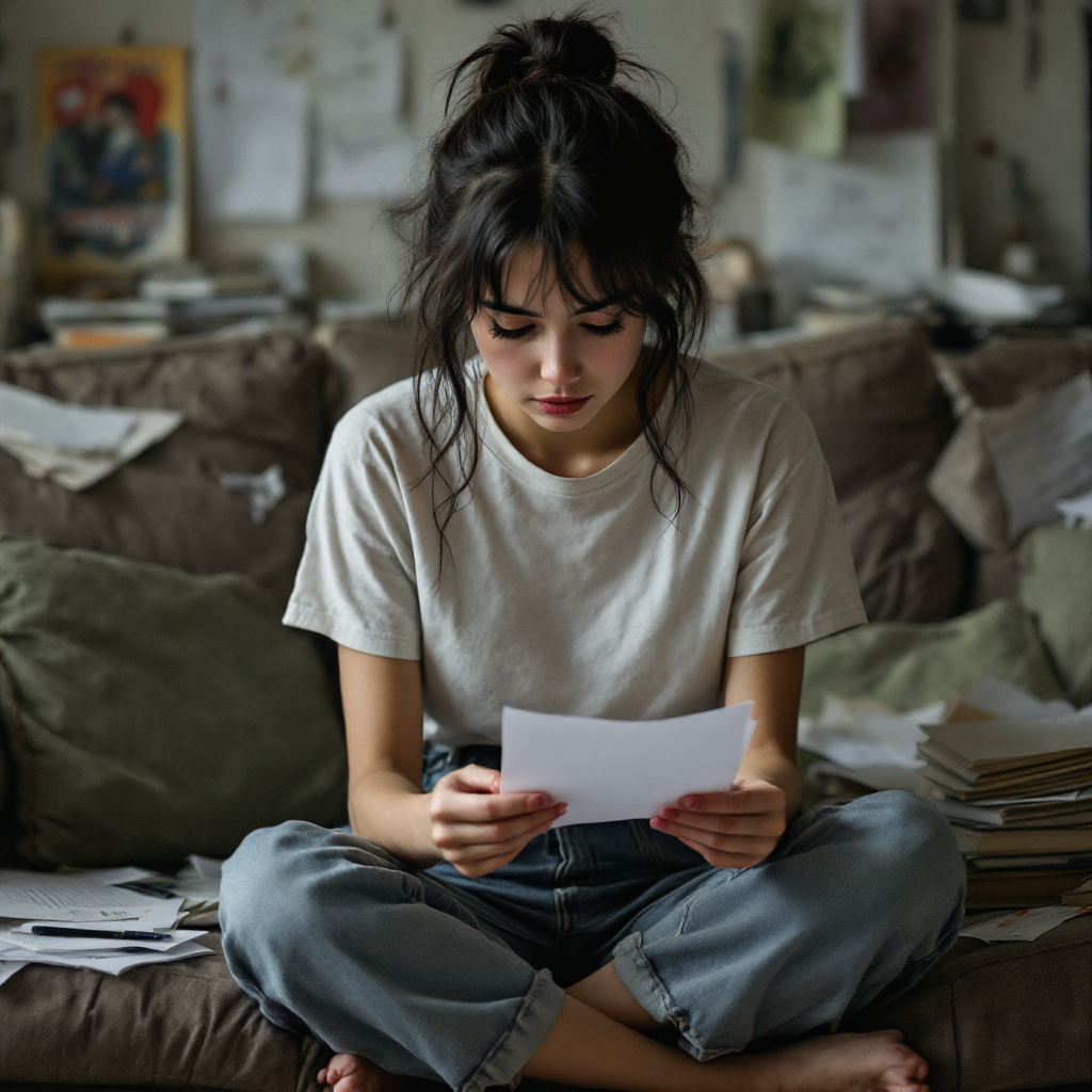 A young woman sits on a couch, surrounded by scattered papers, intently reading a piece of paper, reflecting a moment of deep introspection and confusion.